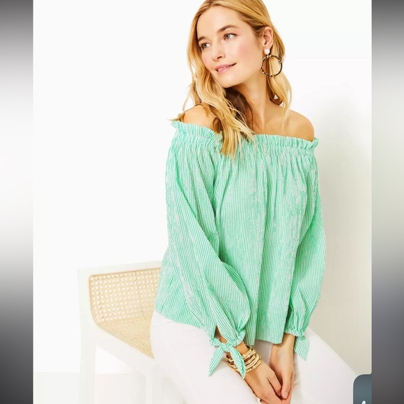 Lilly Pulitzer XS Green White Striped Off Shoulder Long Sleeve Top - Picture 1 of 7